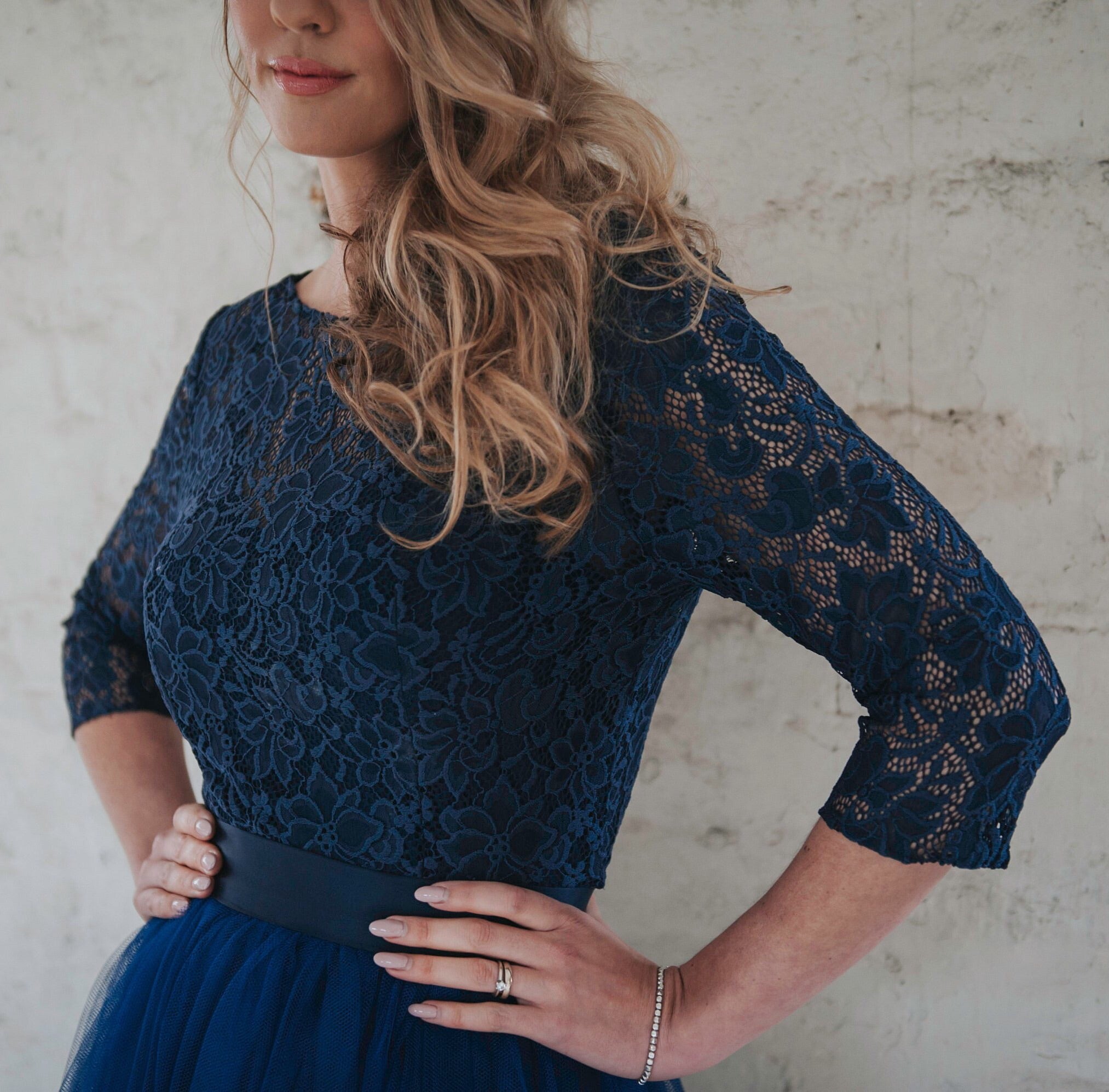 Audrey // Navy Lace Top with sleeves