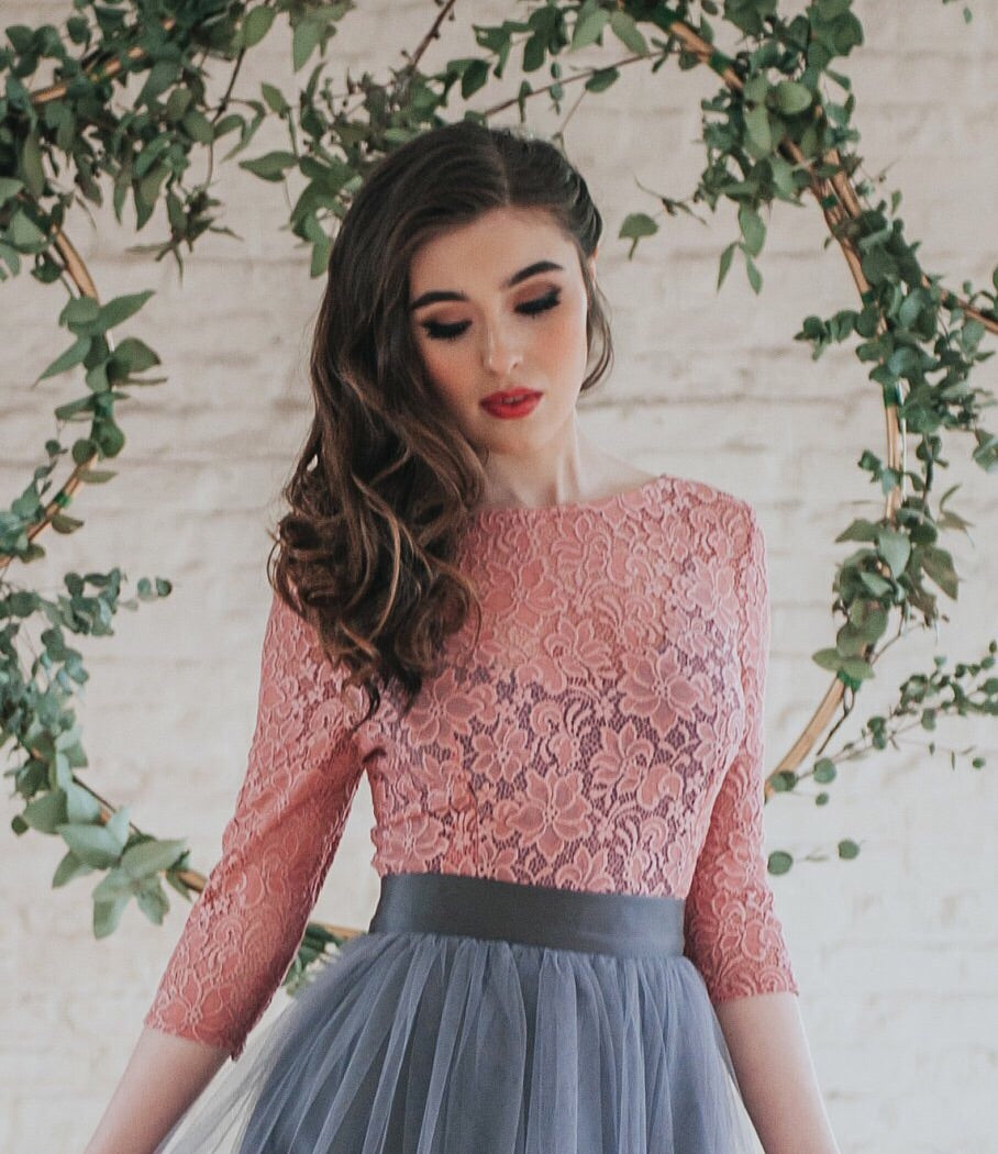 Audrey // Dusky Pink Lace Top with sleeves