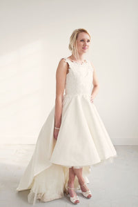 Willow // Short Dipped Hem Silk Wedding Dress with lace detailing